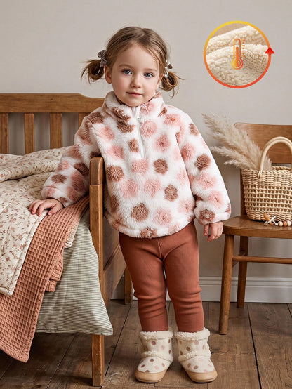 Vintaside Kids Baby Girl Autumn/Winter Thick Plush Zipper Embroidered Top & Slim Fit Black Pants Set, Suitable For Outdoor Activities, Suitable For Casual Wear