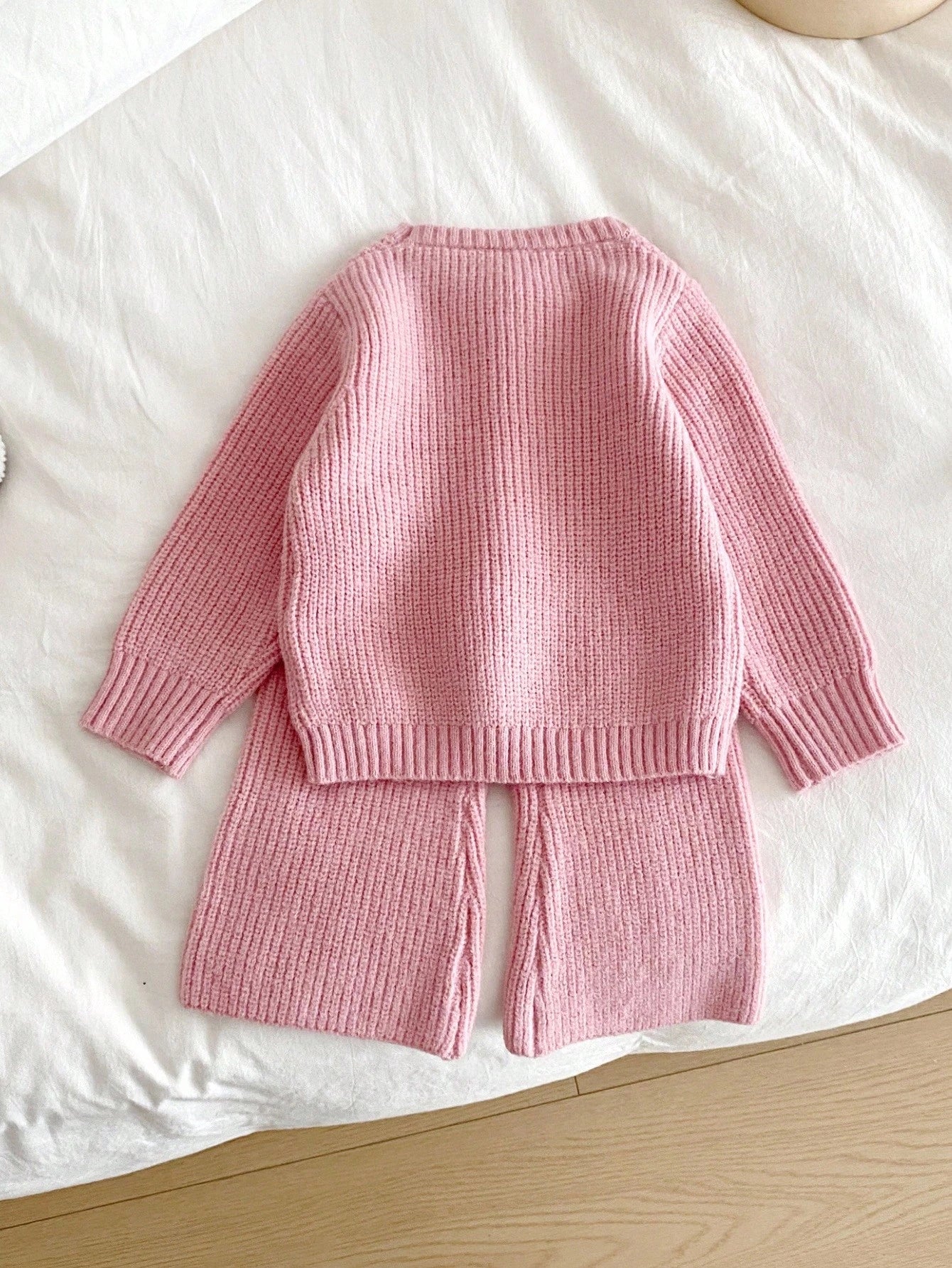 Vintaside Kids Baby Girl Pink Winter Cute Elegant Night Party N O Ne Bow Sweater And Knitted Pants Set,2 Pieces Fashionable Versatile Casual Fall Warm Outfit
