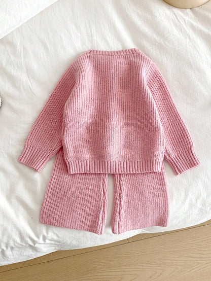 Vintaside Kids Baby Girl Pink Winter Cute Elegant Night Party N O Ne Bow Sweater And Knitted Pants Set,2 Pieces Fashionable Versatile Casual Fall Warm Outfit