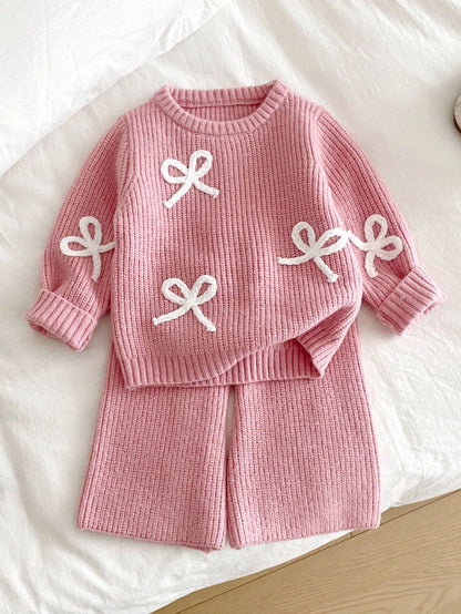 Vintaside Kids Baby Girl Pink Winter Cute Elegant Night Party N O Ne Bow Sweater And Knitted Pants Set,2 Pieces Fashionable Versatile Casual Fall Warm Outfit