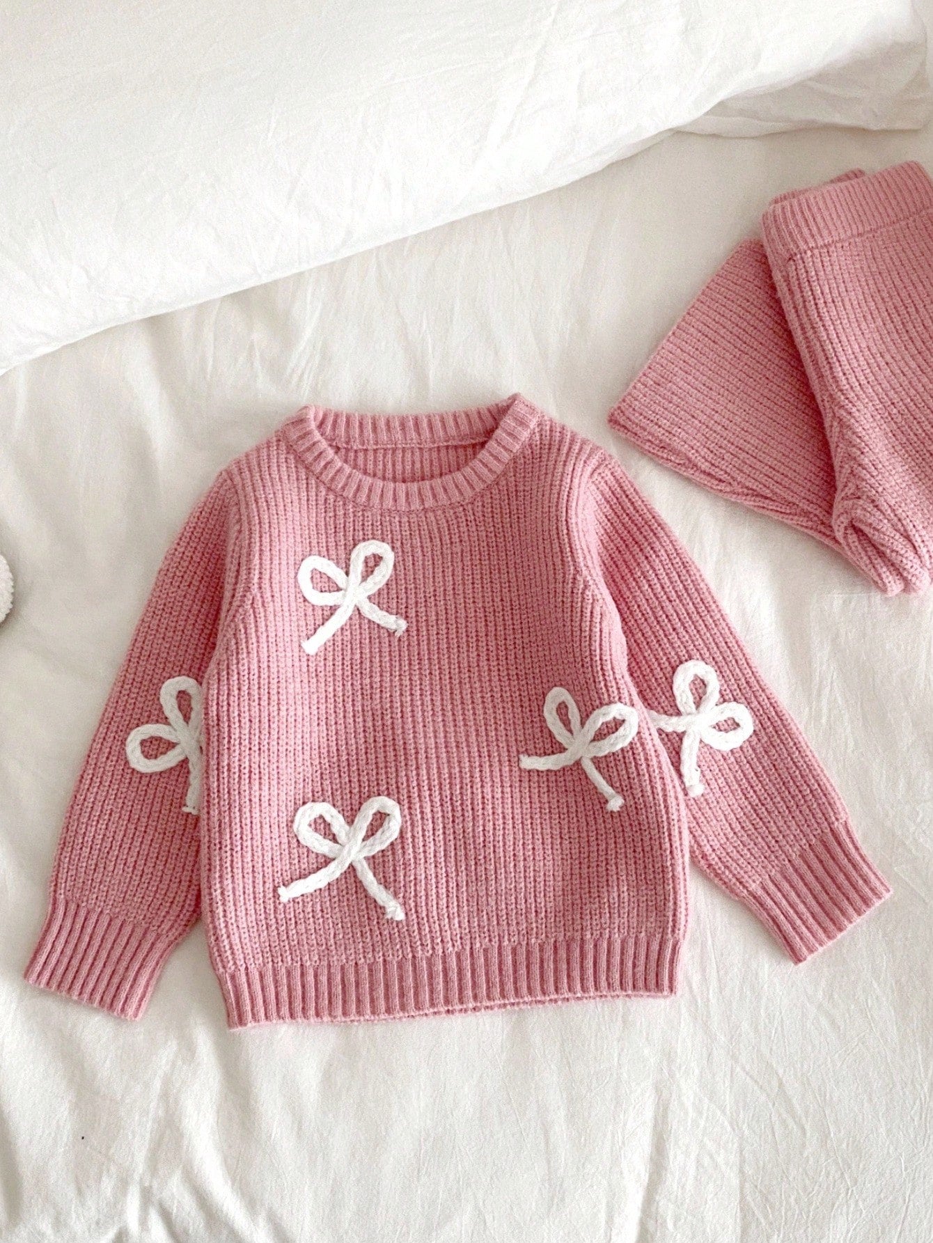 Vintaside Kids Baby Girl Pink Winter Cute Elegant Night Party N O Ne Bow Sweater And Knitted Pants Set,2 Pieces Fashionable Versatile Casual Fall Warm Outfit