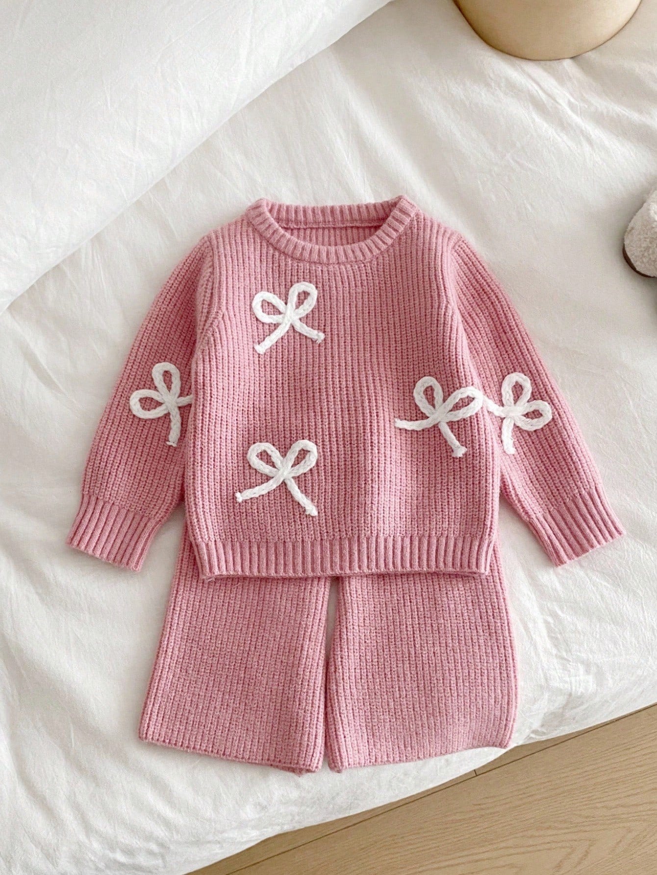 Vintaside Kids Baby Girl Pink Winter Cute Elegant Night Party N O Ne Bow Sweater And Knitted Pants Set,2 Pieces Fashionable Versatile Casual Fall Warm Outfit