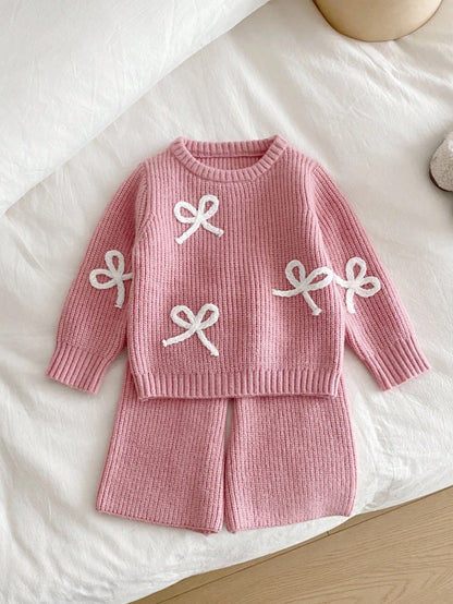 Vintaside Kids Baby Girl Pink Winter Cute Elegant Night Party N O Ne Bow Sweater And Knitted Pants Set,2 Pieces Fashionable Versatile Casual Fall Warm Outfit