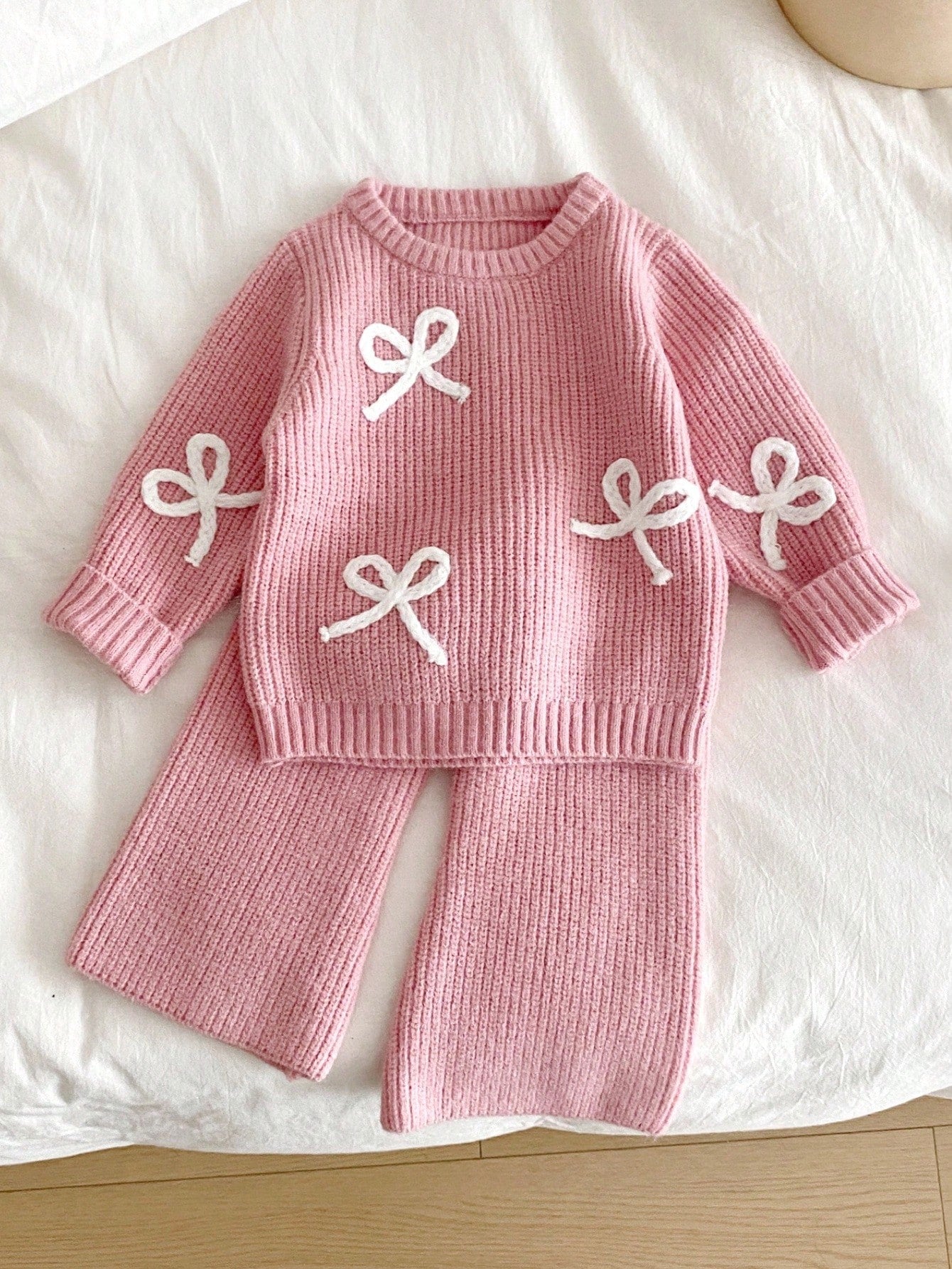 Vintaside Kids Baby Girl Pink Winter Cute Elegant Night Party N O Ne Bow Sweater And Knitted Pants Set,2 Pieces Fashionable Versatile Casual Fall Warm Outfit