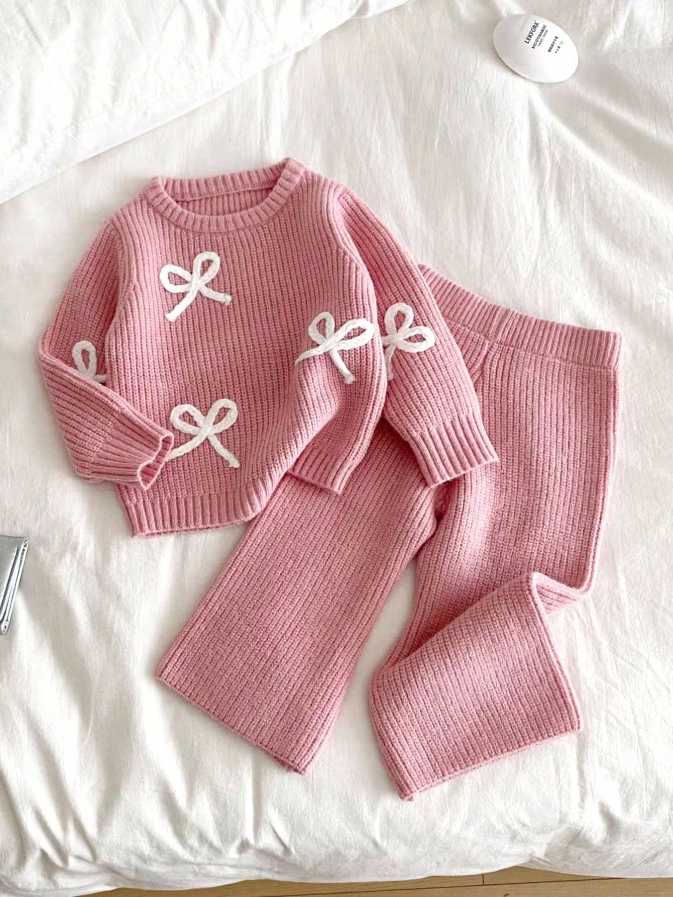 Vintaside Kids Baby Girl Pink Winter Cute Elegant Night Party N O Ne Bow Sweater And Knitted Pants Set,2 Pieces Fashionable Versatile Casual Fall Warm Outfit
