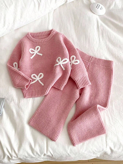 Vintaside Kids Baby Girl Pink Winter Cute Elegant Night Party N O Ne Bow Sweater And Knitted Pants Set,2 Pieces Fashionable Versatile Casual Fall Warm Outfit