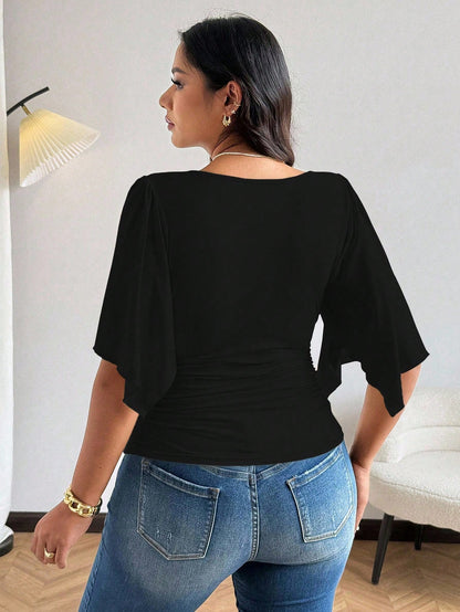 Vionelle Elegant Sexy Cross V-Neck Short Sleeve T-Shirt For Women, Summer, With Design, Sexy, Waist Trimming, Niche, Cropped Sleeve Tee