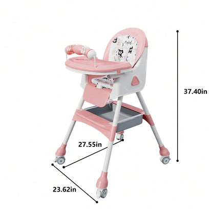 Virplik 5-In-1 Foldable Baby High Chair With Adjustable Recline, Footrest, PU Cushion & Double Tray, Locking Wheels-Ideal Christmas Gift For Babies, Toddlers