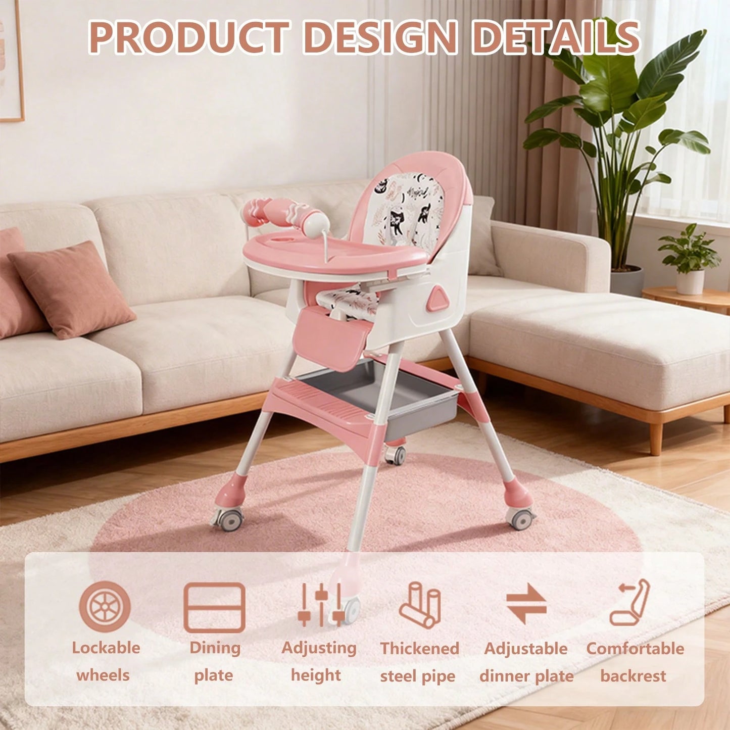 Virplik 5-In-1 Foldable Baby High Chair With Adjustable Recline, Footrest, PU Cushion & Double Tray, Locking Wheels-Ideal Christmas Gift For Babies, Toddlers