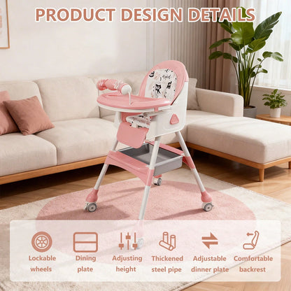 Virplik 5-In-1 Foldable Baby High Chair With Adjustable Recline, Footrest, PU Cushion & Double Tray, Locking Wheels-Ideal Christmas Gift For Babies, Toddlers