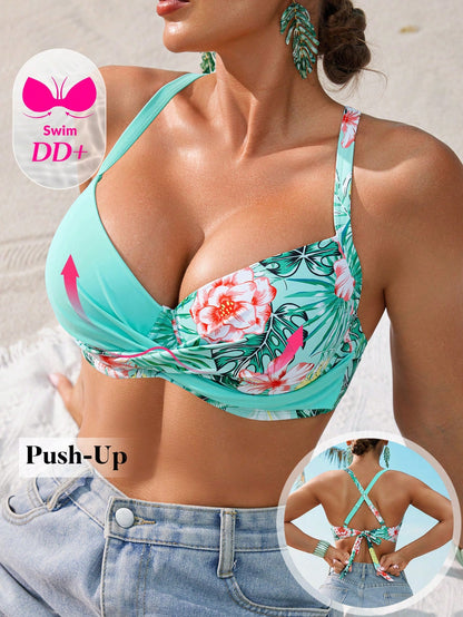 Voyashape Women's Swimwear Top With Criss-Cross Straps, Back Tie, DD Cup Underwire, Supportive, Printed, Fashionable & Versatile For Vacation