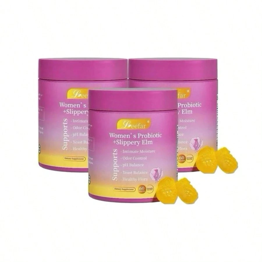 VPOAJ LEEFAR Women Daily Nutritional Probiotic Gummies, Slippery Elm Bark & Prebiotics Blend, Hawaiian Pineapple Flavor, 60 Count