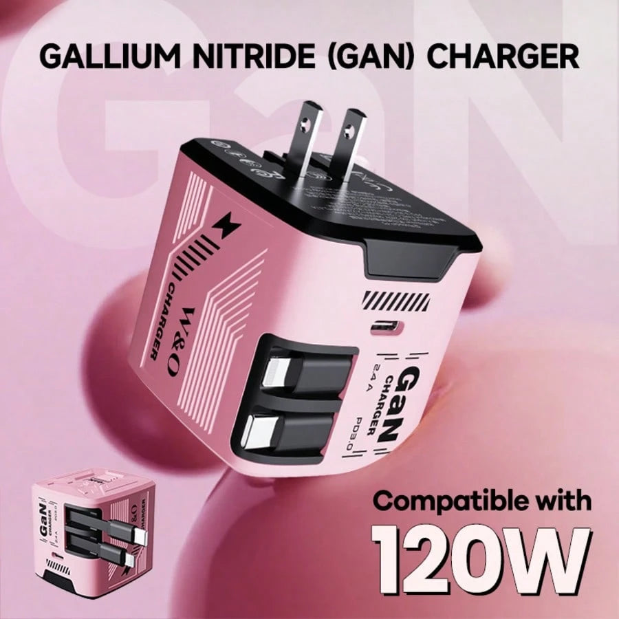 W&O 120W Phone GaN Fast Charger, GaN Fast Charging Charger-Easily Enhance Your Charging Game: Efficient USB-C Foldable Travel Charger With 2 Cables, With 1 Type C Port- Suitable For Charging Various E