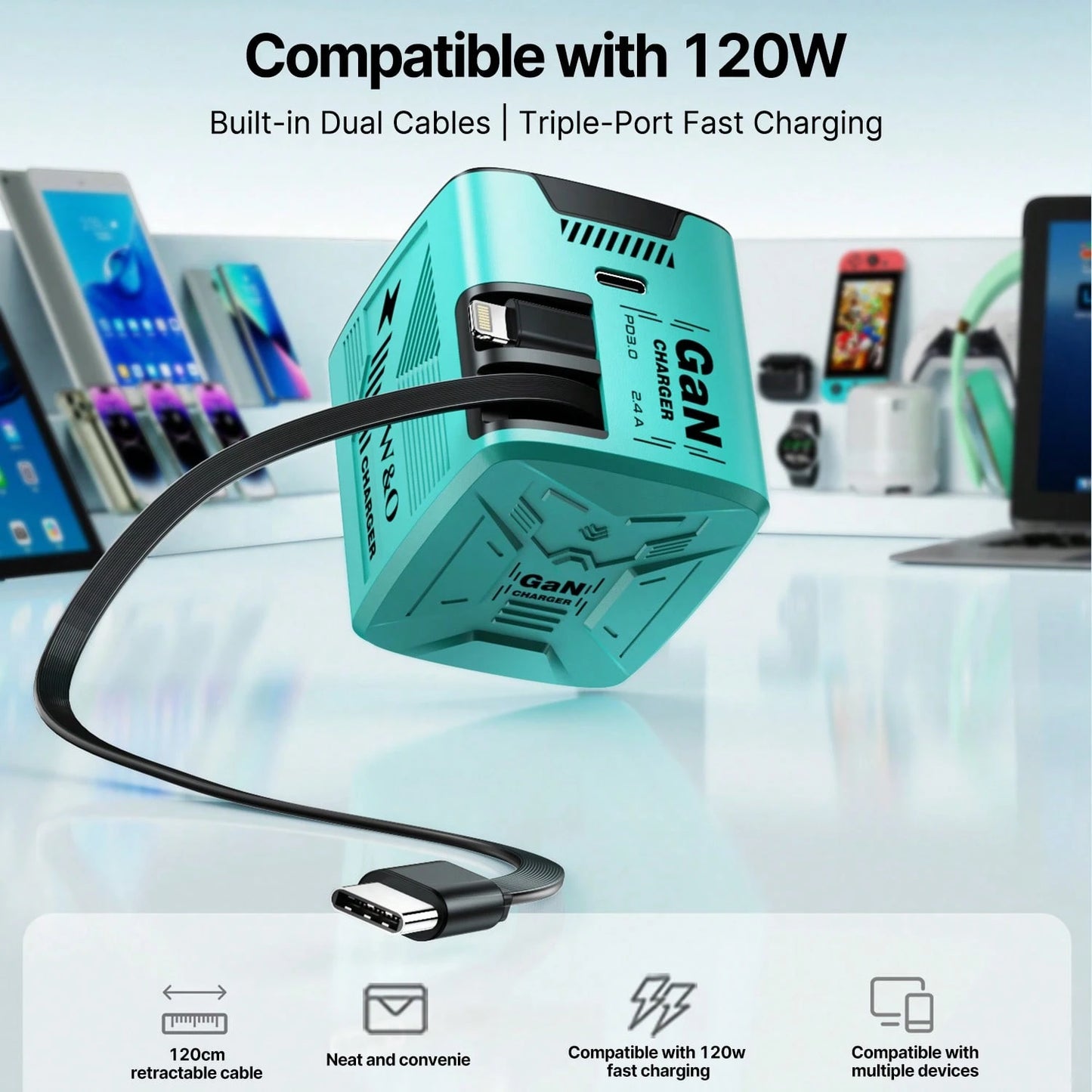 W&O 120W Phone GaN Fast Charger, GaN Fast Charging Charger-Easily Enhance Your Charging Game: Efficient USB-C Foldable Travel Charger With 2 Cables, With 1 Type C Port- Suitable For Charging Various E