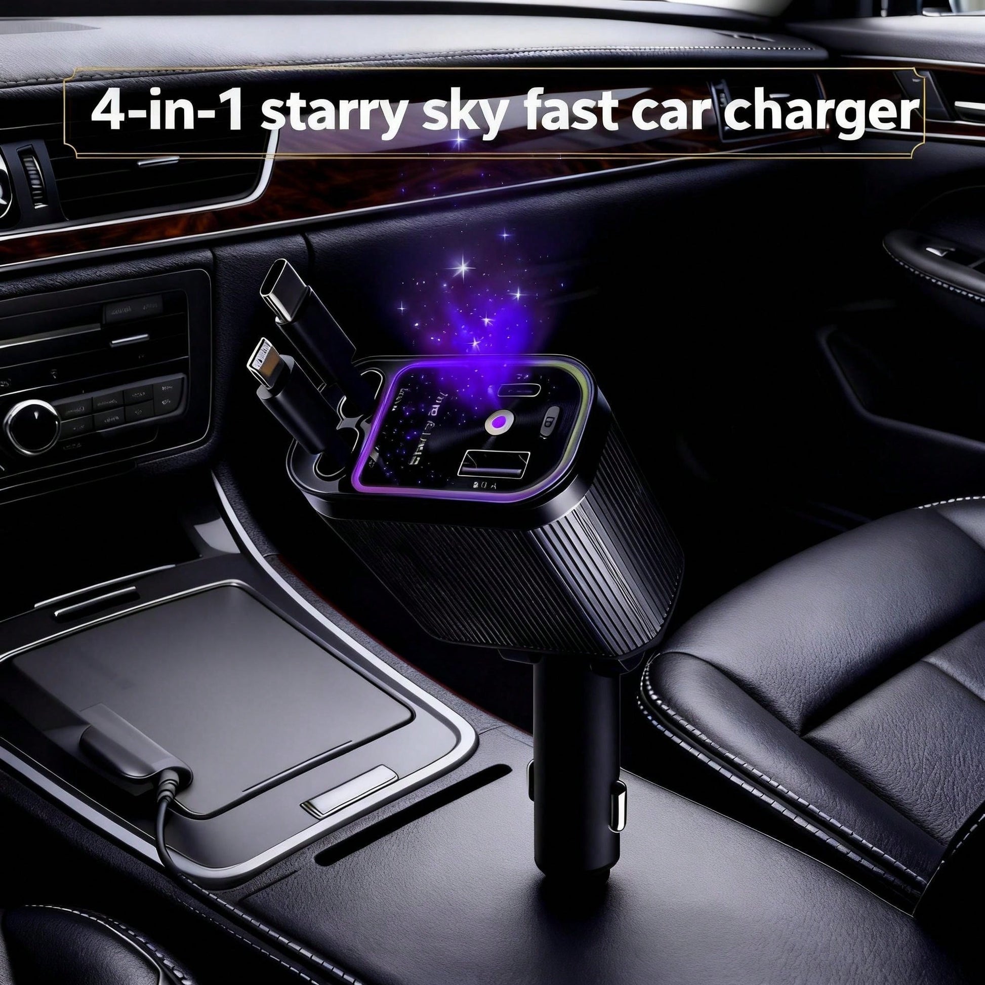 W&O 4-In-1 Retractable Fast Car Charger With Star Projector, Flexible Car Light Decor,66W High-Speed Charging, 31.5 Inch Long Cable, 2 USB Ports, Compatible With Phone 15/14/13/12/11, Galaxy, Pixel, A