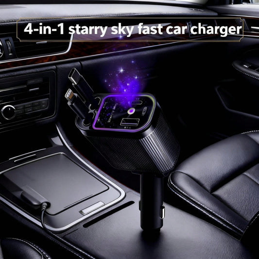 W&O 4-In-1 Retractable Fast Car Charger With Star Projector, Flexible Car Light Decor,66W High-Speed Charging, 31.5 Inch Long Cable, 2 USB Ports, Compatible With Phone 15/14/13/12/11, Galaxy, Pixel, A