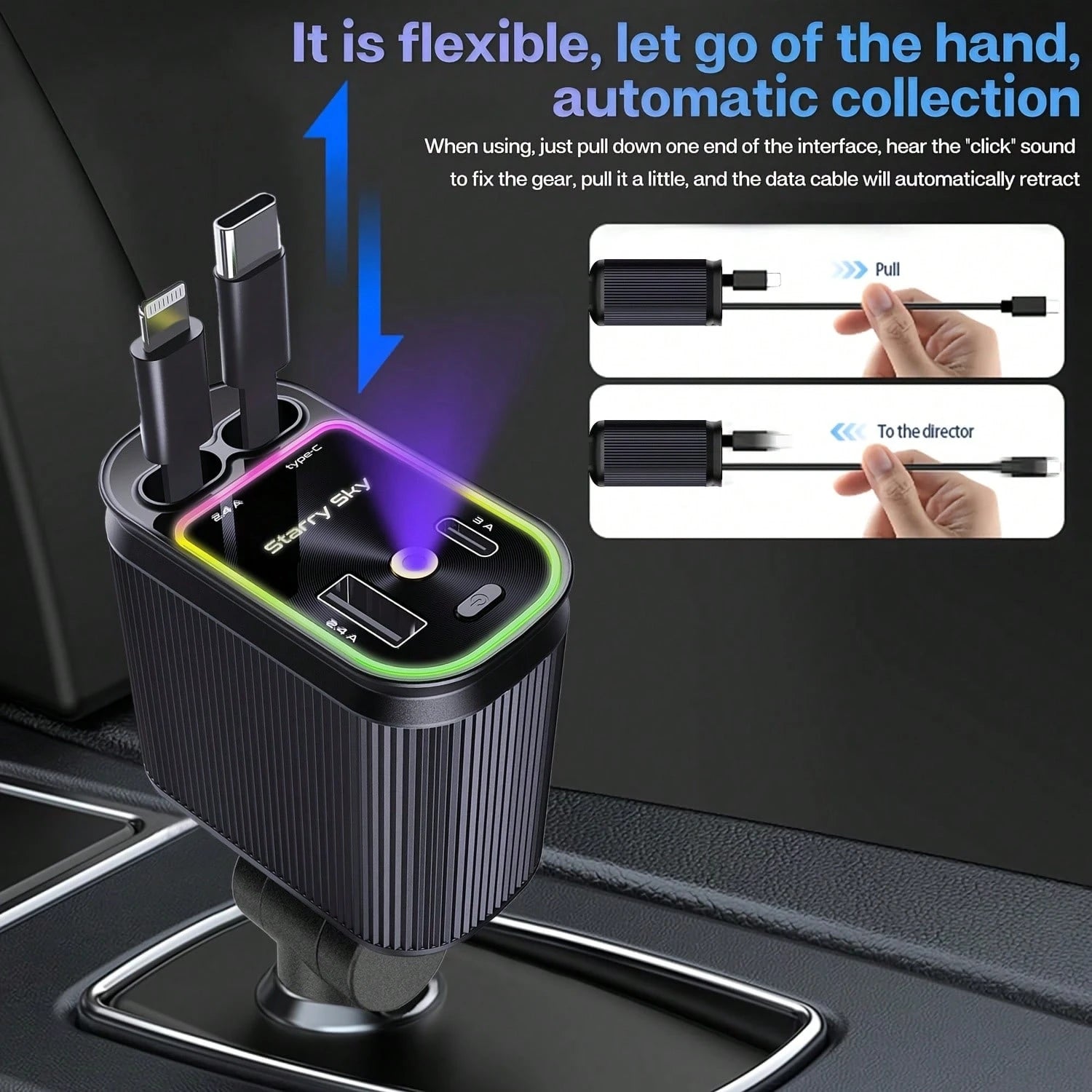 W&O 4-In-1 Retractable Fast Car Charger With Star Projector, Flexible Car Light Decor,66W High-Speed Charging, 31.5 Inch Long Cable, 2 USB Ports, Compatible With Phone 15/14/13/12/11, Galaxy, Pixel, A