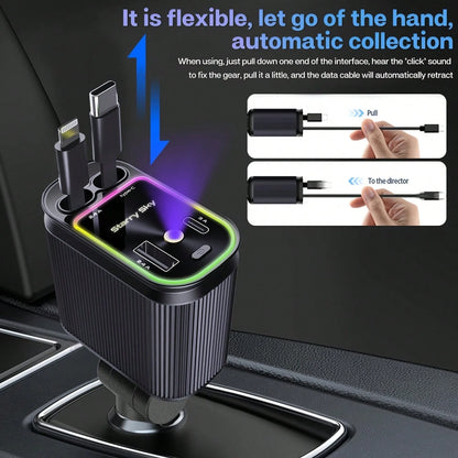 W&O 4-In-1 Retractable Fast Car Charger With Star Projector, Flexible Car Light Decor,66W High-Speed Charging, 31.5 Inch Long Cable, 2 USB Ports, Compatible With Phone 15/14/13/12/11, Galaxy, Pixel, A
