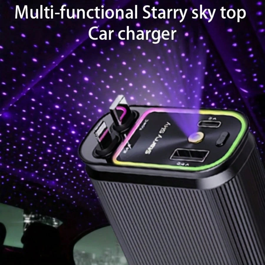 W&O 4-In-1 Retractable Fast Car Charger With Star Projector, Flexible Car Light Decor,66W High-Speed Charging, 31.5 Inch Long Cable, 2 USB Ports, Compatible With Phone 15/14/13/12/11, Galaxy, Pixel, A