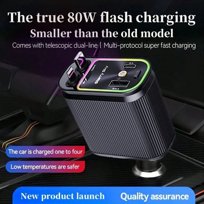 W&O 4-In-1 Retractable Fast Car Charger With Star Projector, Flexible Car Light Decor,66W High-Speed Charging, 31.5 Inch Long Cable, 2 USB Ports, Compatible With Phone 15/14/13/12/11, Galaxy, Pixel, A