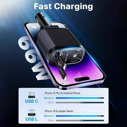 W&O 4-In-1 Retractable Fast Car Charger With Star Projector, Flexible Car Light Decor,66W High-Speed Charging, 31.5 Inch Long Cable, 2 USB Ports, Compatible With Phone 15/14/13/12/11, Galaxy, Pixel, A