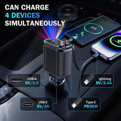 W&O 4-In-1 Retractable Fast Car Charger With Star Projector, Flexible Car Light Decor,66W High-Speed Charging, 31.5 Inch Long Cable, 2 USB Ports, Compatible With Phone 15/14/13/12/11, Galaxy, Pixel, A