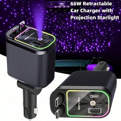 W&O 4-In-1 Retractable Fast Car Charger With Star Projector, Flexible Car Light Decor,66W High-Speed Charging, 31.5 Inch Long Cable, 2 USB Ports, Compatible With Phone 15/14/13/12/11, Galaxy, Pixel, A