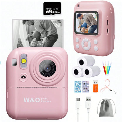 W&O New 1080P HD Instant Print Digital Camera With Printer Paper And 32G TF Card, HD Dual Camera And Perfect For Video Recording, Photography, Teens, Beginners,Ideal Gift For Girls And Boys