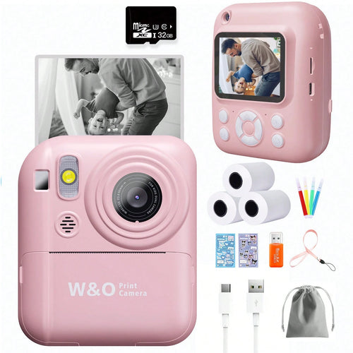 W&O New 1080P HD Instant Print Digital Camera With Printer Paper And 32G TF Card, HD Dual Camera And Perfect For Video Recording, Photography, Teens, Beginners,Ideal Gift For Girls And Boys