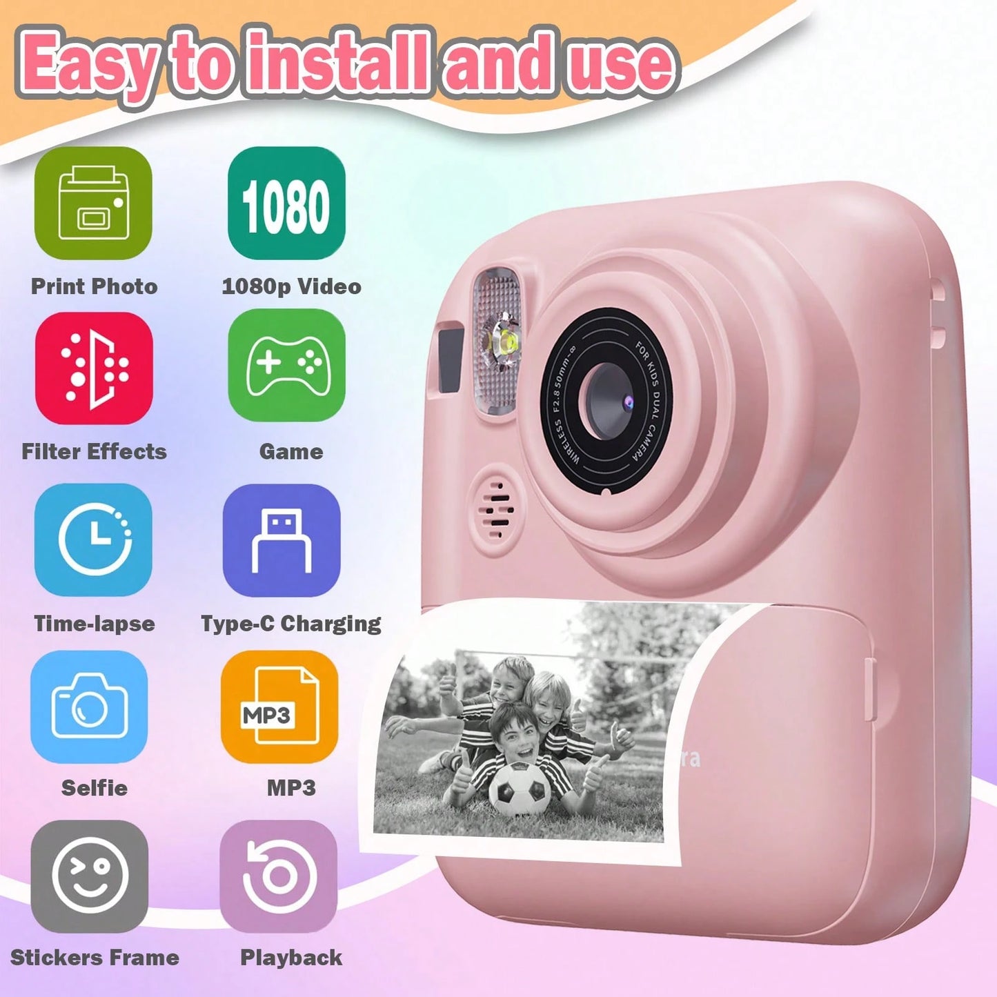 W&O New 1080P HD Instant Print Digital Camera With Printer Paper And 32G TF Card, HD Dual Camera And Perfect For Video Recording, Photography, Teens, Beginners,Ideal Gift For Girls And Boys