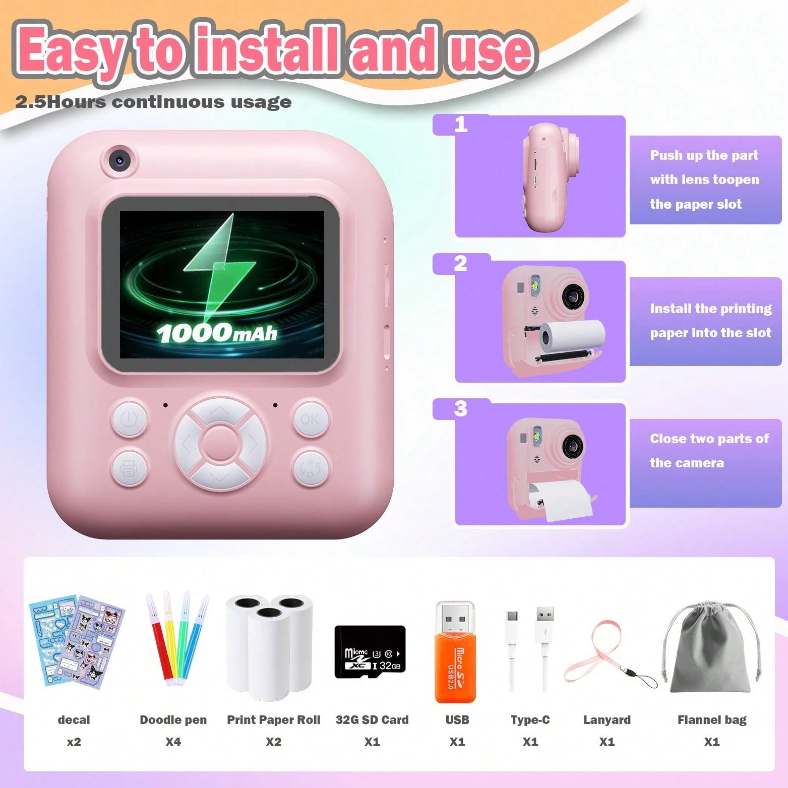 W&O New 1080P HD Instant Print Digital Camera With Printer Paper And 32G TF Card, HD Dual Camera And Perfect For Video Recording, Photography, Teens, Beginners,Ideal Gift For Girls And Boys