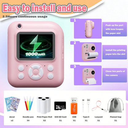 W&O New 1080P HD Instant Print Digital Camera With Printer Paper And 32G TF Card, HD Dual Camera And Perfect For Video Recording, Photography, Teens, Beginners,Ideal Gift For Girls And Boys