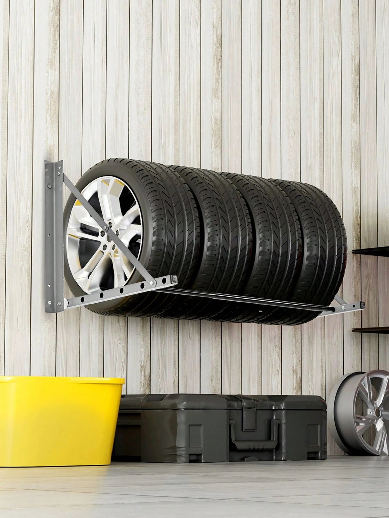 Wall Mounted Folding Tire Rack, 32"- 48" Adjustable Tire Rack, Q235 Heavy-Duty Steel Tire Storage Rack For R14-R20 Inch Standard Tires, Max 300lbs Load Capacity For Garage Workshop Repair Shop