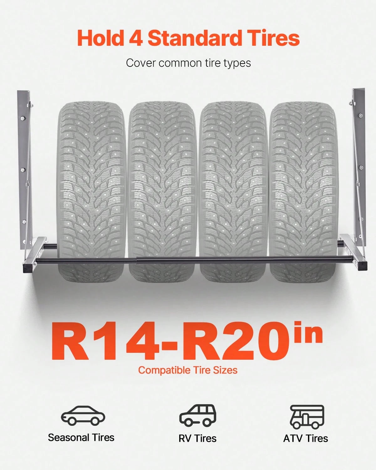 Wall Mounted Folding Tire Rack, 32"- 48" Adjustable Tire Rack, Q235 Heavy-Duty Steel Tire Storage Rack For R14-R20 Inch Standard Tires, Max 300lbs Load Capacity For Garage Workshop Repair Shop