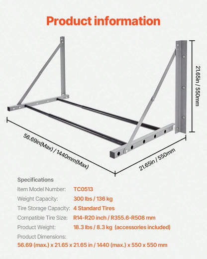 Wall Mounted Folding Tire Rack, 32"- 48" Adjustable Tire Rack, Q235 Heavy-Duty Steel Tire Storage Rack For R14-R20 Inch Standard Tires, Max 300lbs Load Capacity For Garage Workshop Repair Shop