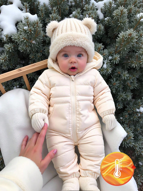 Warm Clothes Baby Girls' Casual Cute Thermal Lined Hooded Zipper Front Long Sleeve Jumpsuit, Winter Baby Winter Jumpsuit Newborn Winter Clothes Fall