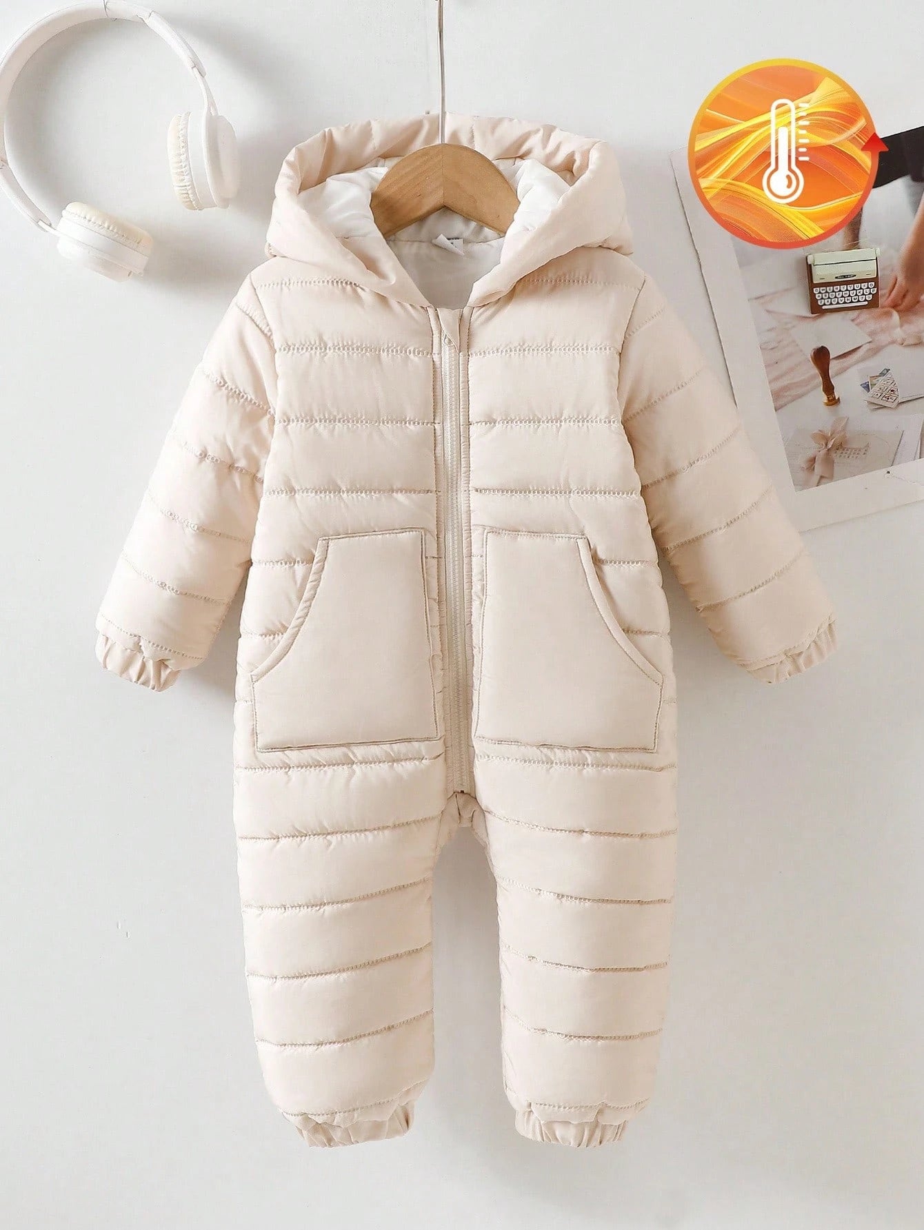 Warm Clothes Baby Girls' Casual Cute Thermal Lined Hooded Zipper Front Long Sleeve Jumpsuit, Winter Baby Winter Jumpsuit Newborn Winter Clothes Fall