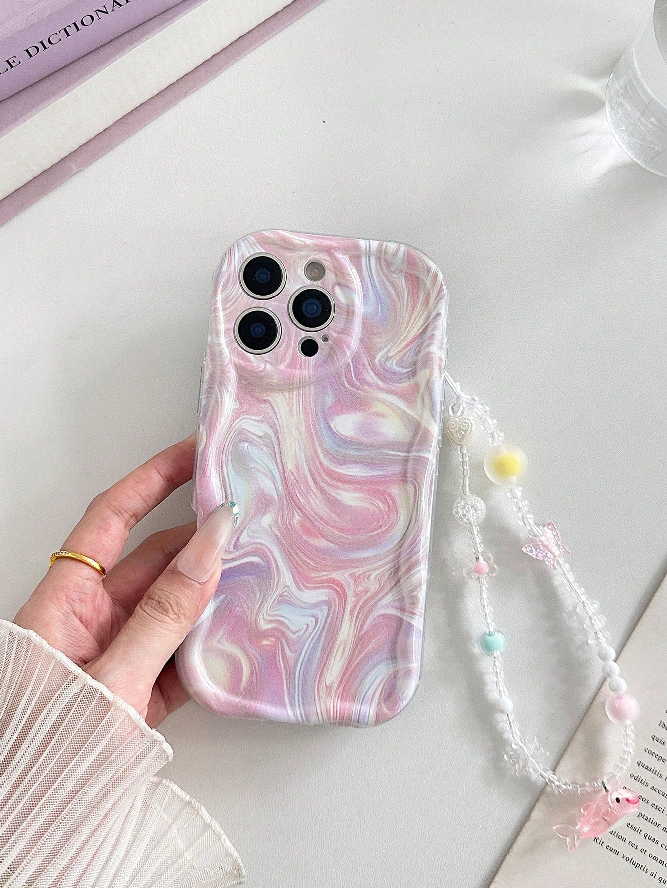 Water Ripple Painted Anti-Drop Precision Hole Cream Texture Transparent With Additional Bracelet Fashion Minimalist Anti-Drop Phone Case Compatible With Ip 17 Ip 17 Pro Ip 17 Promax Ip16/Ip 15 XR/7/8