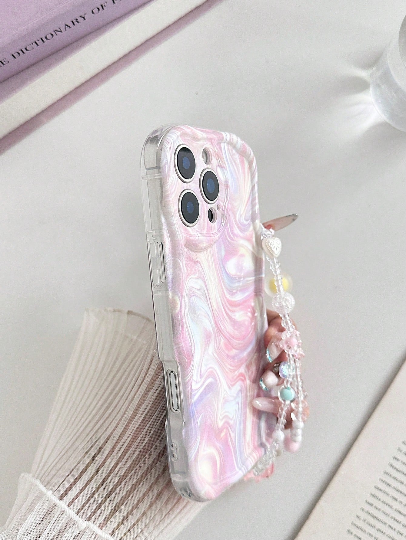 Water Ripple Painted Anti-Drop Precision Hole Cream Texture Transparent With Additional Bracelet Fashion Minimalist Anti-Drop Phone Case Compatible With Ip 17 Ip 17 Pro Ip 17 Promax Ip16/Ip 15 XR/7/8