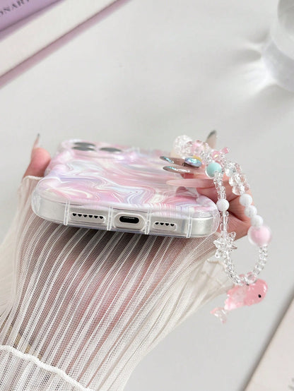 Water Ripple Painted Anti-Drop Precision Hole Cream Texture Transparent With Additional Bracelet Fashion Minimalist Anti-Drop Phone Case Compatible With Ip 17 Ip 17 Pro Ip 17 Promax Ip16/Ip 15 XR/7/8