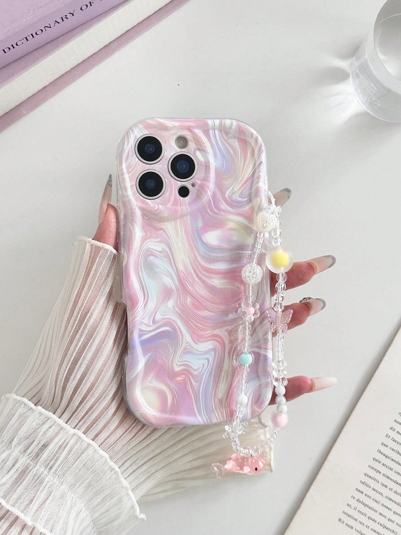 Water Ripple Painted Anti-Drop Precision Hole Cream Texture Transparent With Additional Bracelet Fashion Minimalist Anti-Drop Phone Case Compatible With Ip 17 Ip 17 Pro Ip 17 Promax Ip16/Ip 15 XR/7/8