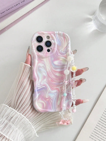 Water Ripple Painted Anti-Drop Precision Hole Cream Texture Transparent With Additional Bracelet Fashion Minimalist Anti-Drop Phone Case Compatible With Ip 17 Ip 17 Pro Ip 17 Promax Ip16/Ip 15 XR/7/8