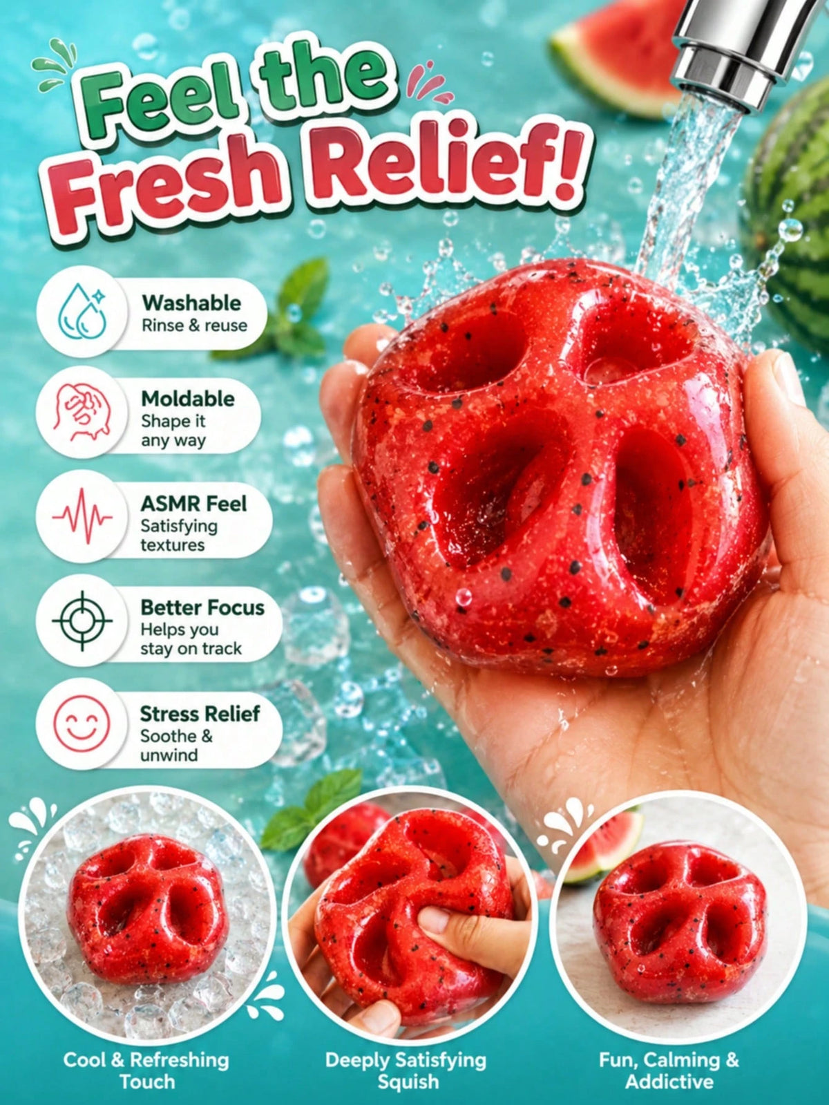 Watermelon Squeeze Toy, Crunchy Texture Stress Relief Fidget Toy, ASMR & ADHD Sensory Toy For Kids, Teens & Adult Women, Party Gift, Christmas Gift, Halloween Gift, Office Decor & Accessories