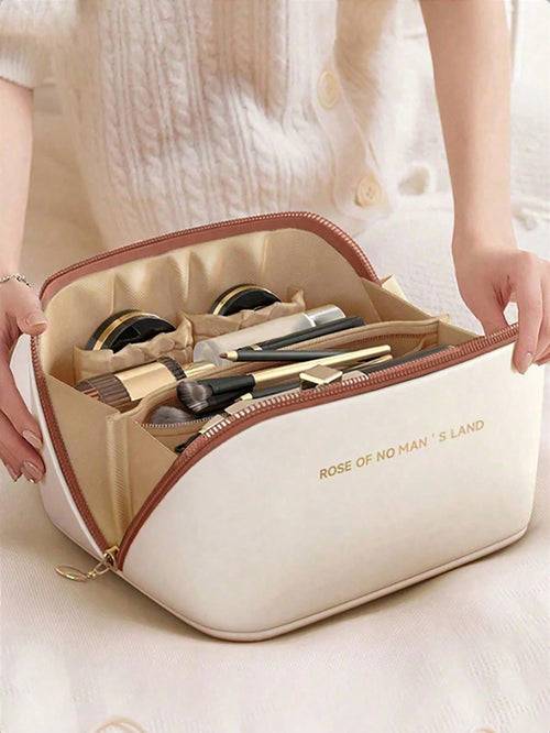 Waterproof PU Leather Makeup Bag, Cosmetic Storage Bag, Portable Toiletry Bag, Waterproof PU Skincare Storage Bag, Large Capacity Double Layer Makeup Bag With Compartments, Spacious Toiletry Bag With