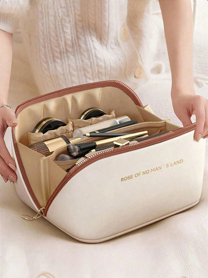Waterproof PU Leather Makeup Bag, Cosmetic Storage Bag, Portable Toiletry Bag, Waterproof PU Skincare Storage Bag, Large Capacity Double Layer Makeup Bag With Compartments, Spacious Toiletry Bag With