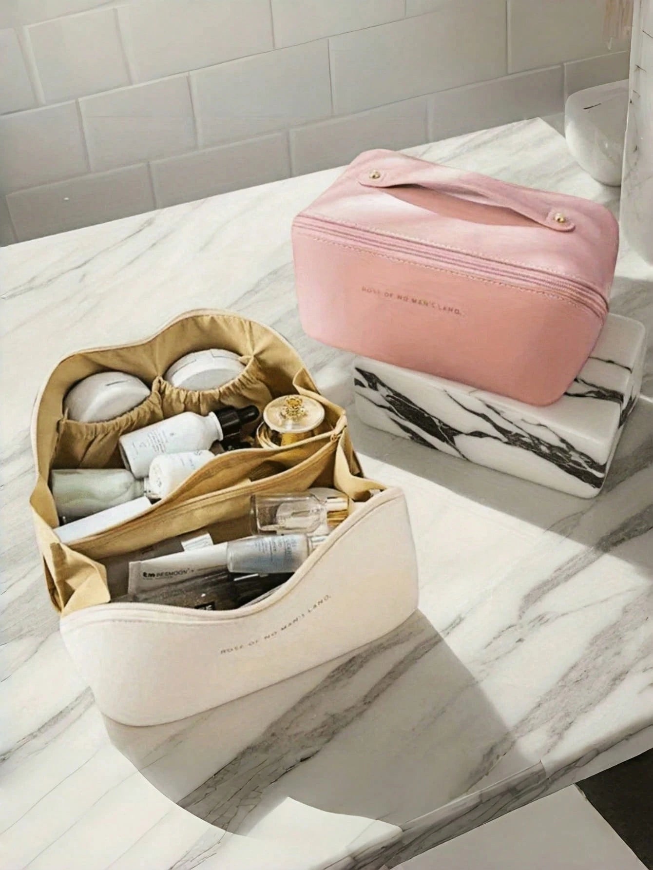 Waterproof PU Leather Makeup Bag, Cosmetic Storage Bag, Portable Toiletry Bag, Waterproof PU Skincare Storage Bag, Large Capacity Double Layer Makeup Bag With Compartments, Spacious Toiletry Bag With