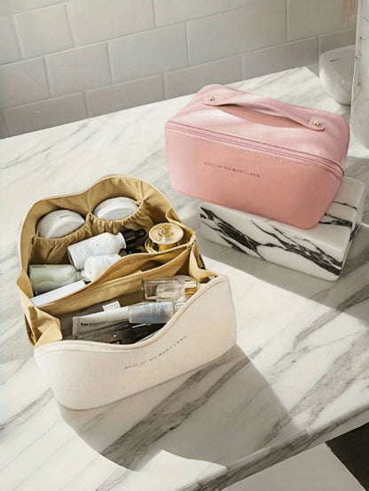 Waterproof PU Leather Makeup Bag, Cosmetic Storage Bag, Portable Toiletry Bag, Waterproof PU Skincare Storage Bag, Large Capacity Double Layer Makeup Bag With Compartments, Spacious Toiletry Bag With