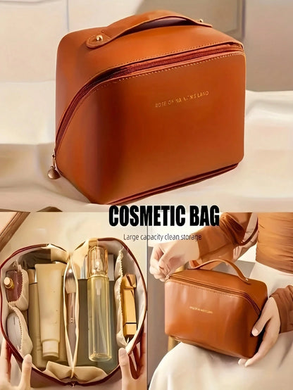 Waterproof PU Leather Makeup Bag, Cosmetic Storage Bag, Portable Toiletry Bag, Waterproof PU Skincare Storage Bag, Large Capacity Double Layer Makeup Bag With Compartments, Spacious Toiletry Bag With