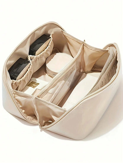 Waterproof PU Leather Makeup Bag, Cosmetic Storage Bag, Portable Toiletry Bag, Waterproof PU Skincare Storage Bag, Large Capacity Double Layer Makeup Bag With Compartments, Spacious Toiletry Bag With
