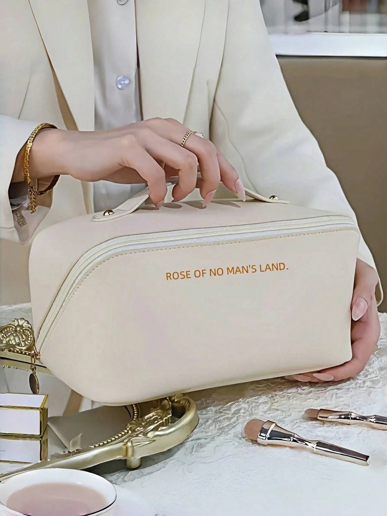 Waterproof PU Leather Makeup Bag, Cosmetic Storage Bag, Portable Toiletry Bag, Waterproof PU Skincare Storage Bag, Large Capacity Double Layer Makeup Bag With Compartments, Spacious Toiletry Bag With